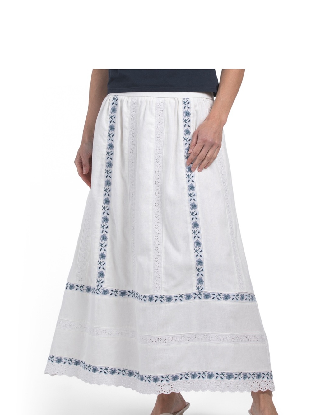 Caroline Constas White Maxi Skirt with Blue Floral Trim
